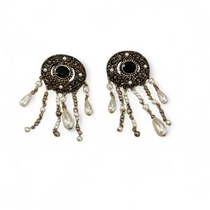 Vintage Chandelier Drop Earrings Gold Tone Black Cabochon Faux Pearl Fringe